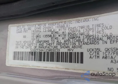 2002 Toyota Sequoia Sr5 V8 из США, поврежденный, VIN 5TDZT34A12S089239